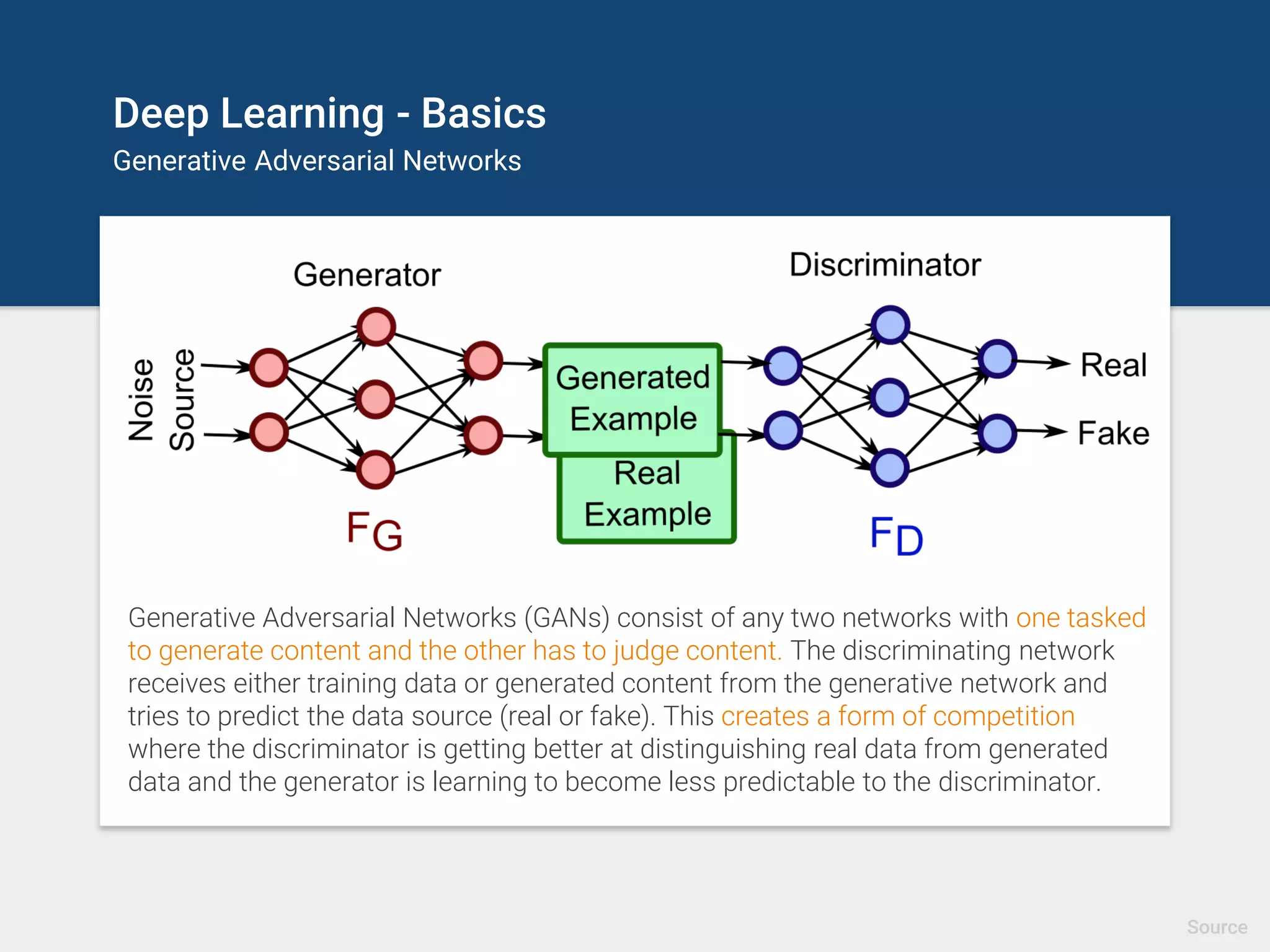 Deep Learning - Basics
Generative Adversarial Networks
Generative Adversarial Networks (GANs) consist of any two networks with one tasked
to generate content and the other has to judge content. The discriminating network
receives either training data or generated content from the generative network and
tries to predict the data source (real or fake). This creates a form of competition
where the discriminator is getting better at distinguishing real data from generated
data and the generator is learning to become less predictable to the discriminator.
Source
 