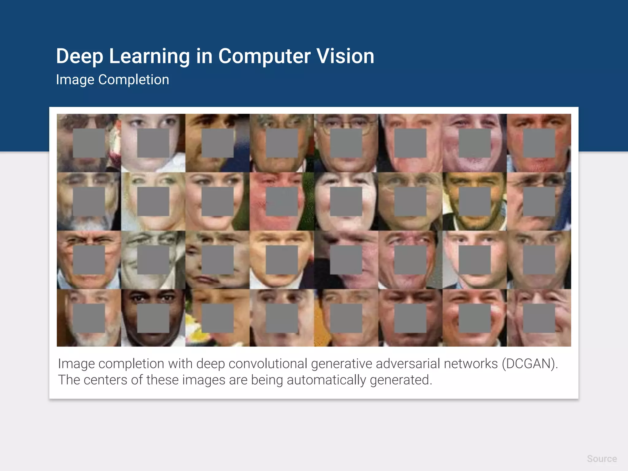 Deep Learning in Computer Vision
Image Transformation – 2D-to-3D
Deep3D can automatically convert
image/video from 2D-to-3D with
Convolutional Neural Networks. It
learns to infer 3D representations of
the world based on training set of 3D
movies.
Source
 