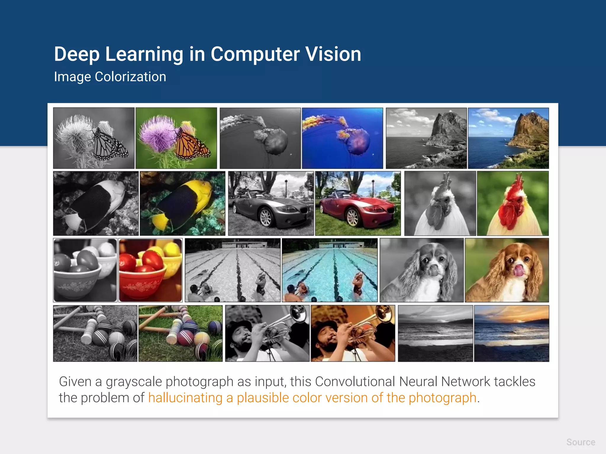 Deep Learning in Computer Vision
Image Completion
Source
Image completion with deep convolutional generative adversarial networks (DCGAN).
The centers of these images are being automatically generated.
 