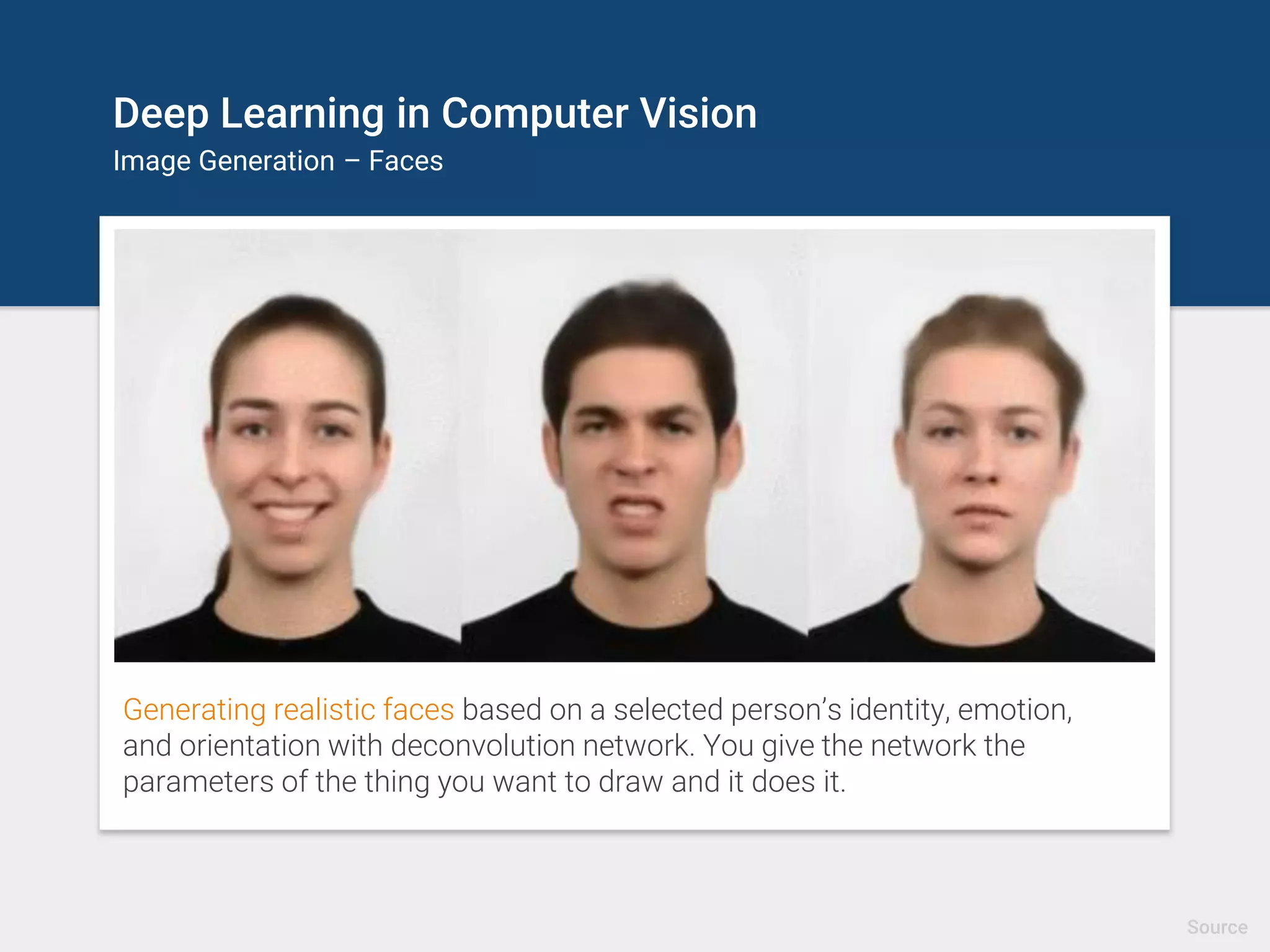 Deep Learning in Computer Vision
Image Generation – Faces
Generating realistic faces based on a selected person’s identity, emotion,
and orientation with deconvolution network. You give the network the
parameters of the thing you want to draw and it does it.
Source
 