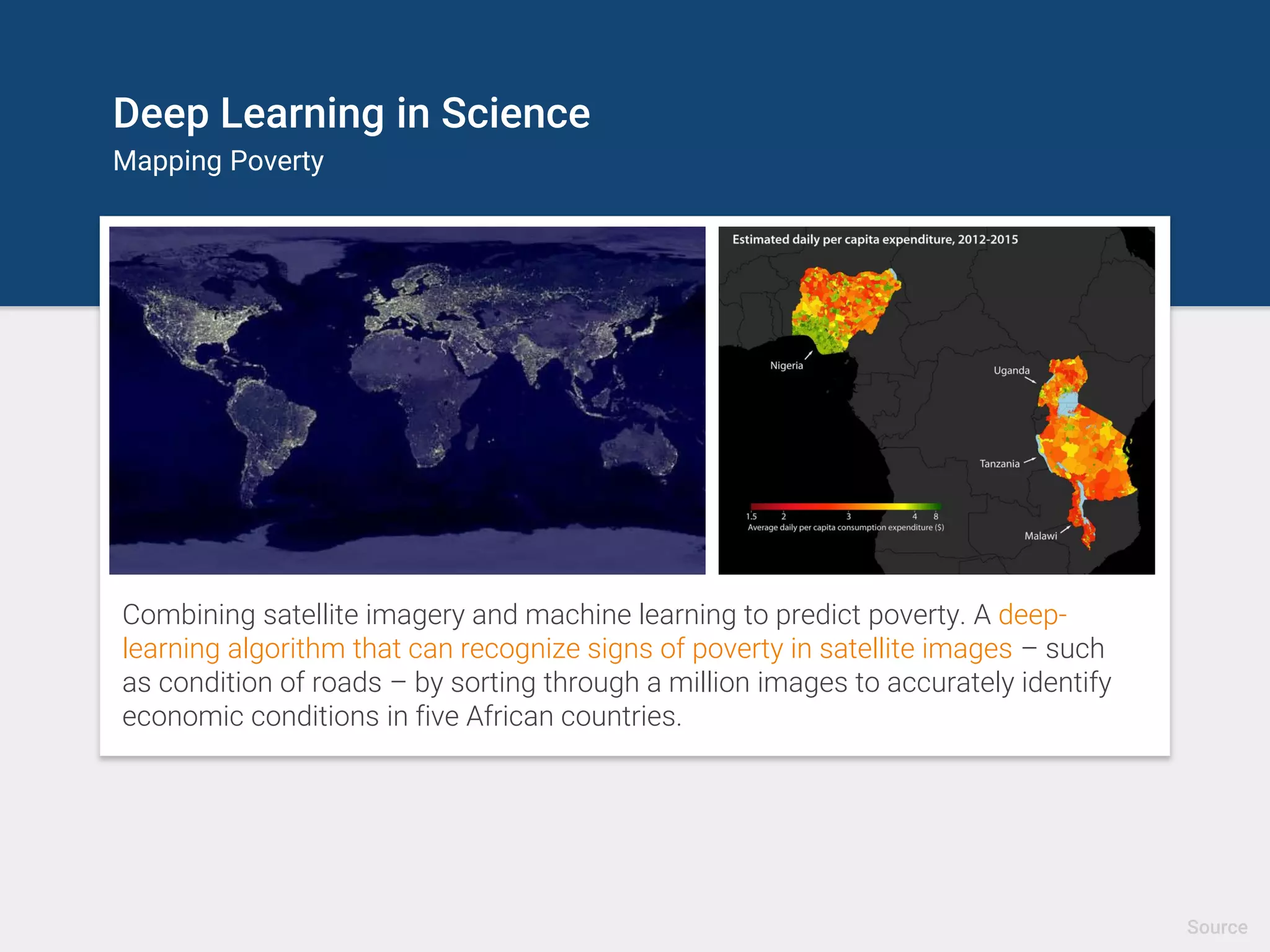 Deep Learning in Science
Mapping Poverty
Combining satellite imagery and machine learning to predict poverty. A deep-
learning algorithm that can recognize signs of poverty in satellite images – such
as condition of roads – by sorting through a million images to accurately identify
economic conditions in five African countries.
Source
 