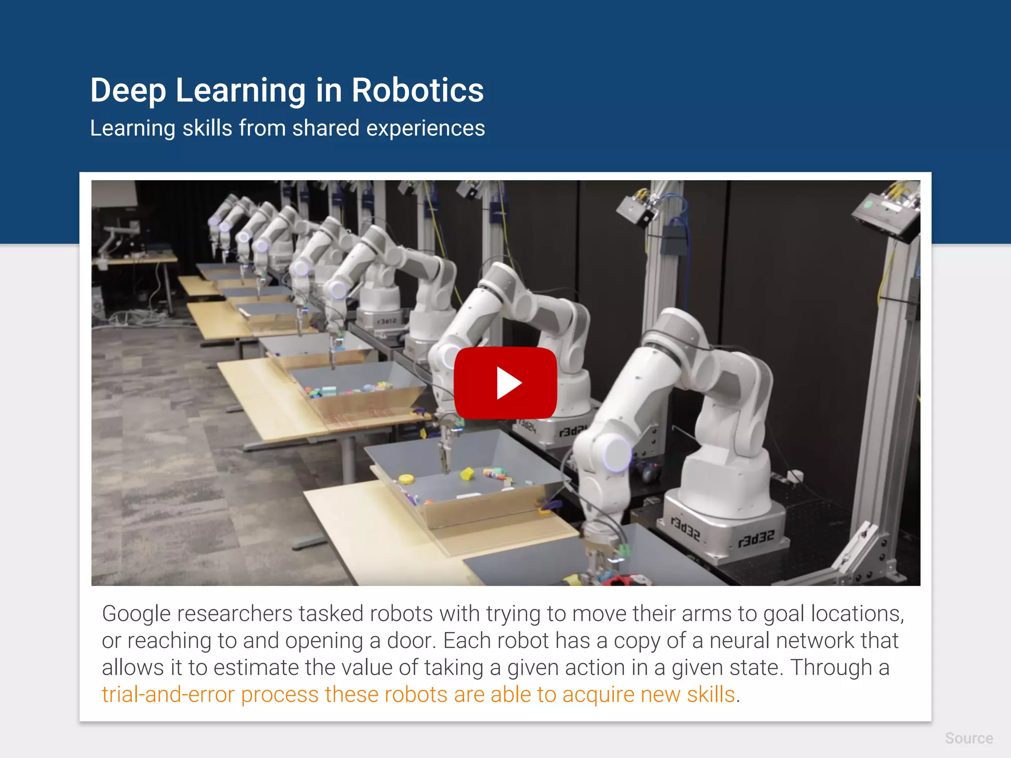 Deep Learning in Robotics
Learning skills from shared experiences
Google researchers tasked robots with trying to move their arms to goal locations,
or reaching to and opening a door. Each robot has a copy of a neural network that
allows it to estimate the value of taking a given action in a given state. Through a
trial-and-error process these robots are able to acquire new skills.
Source
 