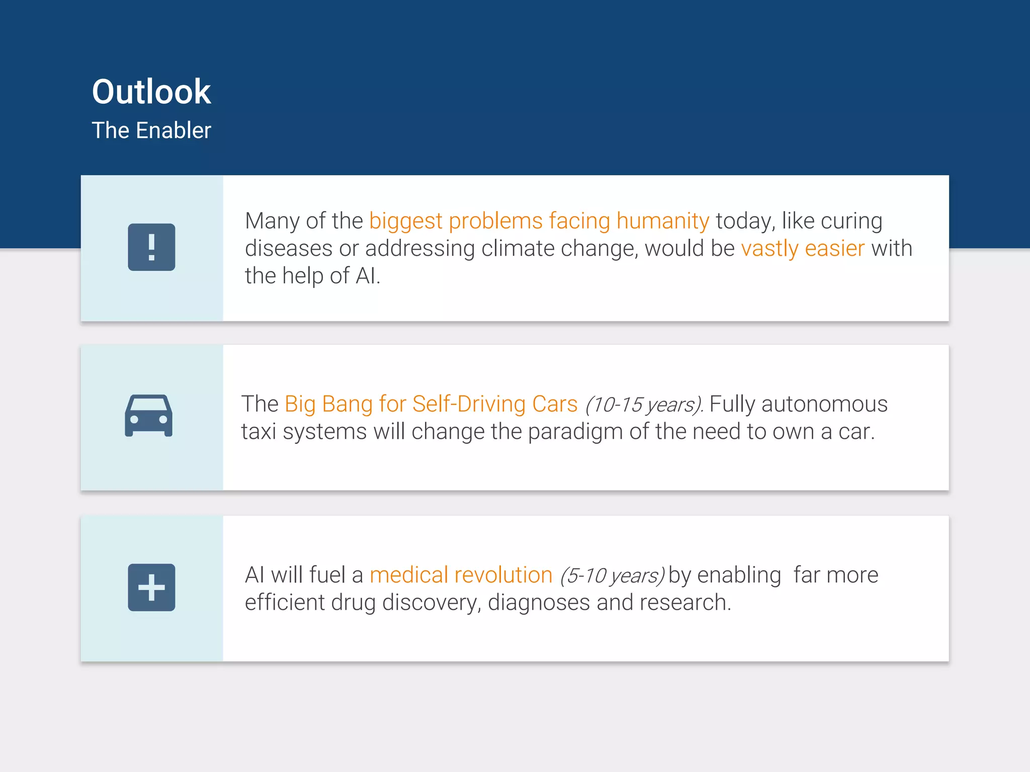 Outlook
The Enabler
Many of the biggest problems facing humanity today, like curing
diseases or addressing climate change, would be vastly easier with
the help of AI.
The Big Bang for Self-Driving Cars (10-15 years). Fully autonomous
taxi systems will change the paradigm of the need to own a car.
AI will fuel a medical revolution (5-10 years) by enabling far more
efficient drug discovery, diagnoses and research.
 