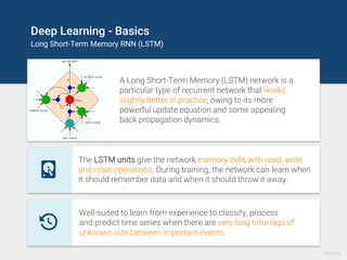 Deep Learning - Basics
Long Short-Term Memory RNN (LSTM)
A Long Short-Term Memory (LSTM) network is a
particular type of recurrent network that works
slightly better in practice, owing to its more
powerful update equation and some appealing
back propagation dynamics.
general computers which can learn algorithms to map input sequences to
output sequences
The LSTM units give the network memory cells with read, write
and reset operations. During training, the network can learn when
it should remember data and when it should throw it away.
general computers which can learn algorithms to map input sequences to
output sequences
Well-suited to learn from experience to classify, process
and predict time series when there are very long time lags of
unknown size between important events.
Source
 