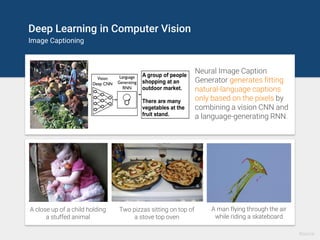 Deep Learning for Games
DeepMind AlphaGo
AlphaGo could learn the game by
examining thousands of human Go
moves, and then it could master the
game by playing itself over and over
and over again. The result is a
system of unprecedented beauty.
Source
 