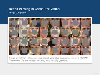 Deep Learning in Computer Vision
Image Transformation – 2D-to-3D
Deep3D can automatically convert
image/video from 2D-to-3D with
Convolutional Neural Networks. It
learns to infer 3D representations of
the world based on training set of 3D
movies.
Source
 