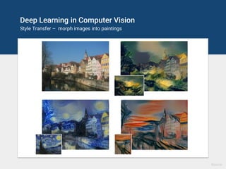 Deep Learning in Audio Processing
Sound Generation
DeepMind's WaveNet is able to generate speech which mimics any human
voice and which sounds more natural than the best existing Text-to-Speech
systems, reducing the gap with human performance by over 50%.
Source
 