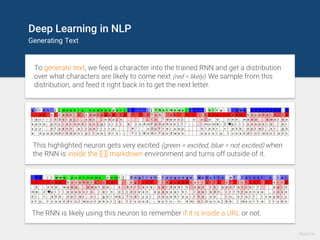 Deep Learning in NLP
Neural Conversational Model
Neural Chatbot: Predicts the next sentence given the previous
sentences in a conversation.
The LSTM remembers facts, understands contexts and performs
common sense reasoning in the trained domain.
Human: what is the purpose of life ?
Machine: to serve the greater good .
Human: what is the purpose of living ?
Machine: to live forever
Human: what is the purpose of existence?
Machine: to find out what happens when
we get to the planet earth
Human: where are you now ?
.
Machine: i ’m in the middle of nowhere .
Human: what is the purpose of dying ?
Machine: to have a life
Human: what is the purpose of being
intelligent ?
Machine: to find out what it is.
Human: what is the purpose of emotions ?
Machine: I don ’t know .
Philosophical Q&A – Network trained with OpenSubtitles (movie subtitles)
Source
 