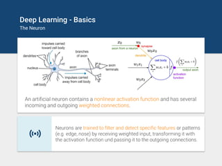 Deep Learning - Basics
The Neuron
An artificial neuron contains a nonlinear activation function and has several
incoming a...