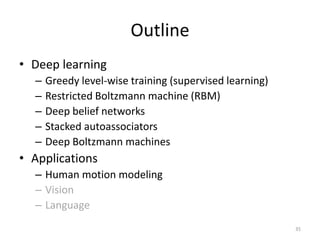 Outline
• Deep learning
– Greedy level-wise training (supervised learning)
– Restricted Boltzmann machine (RBM)
– Deep bel...