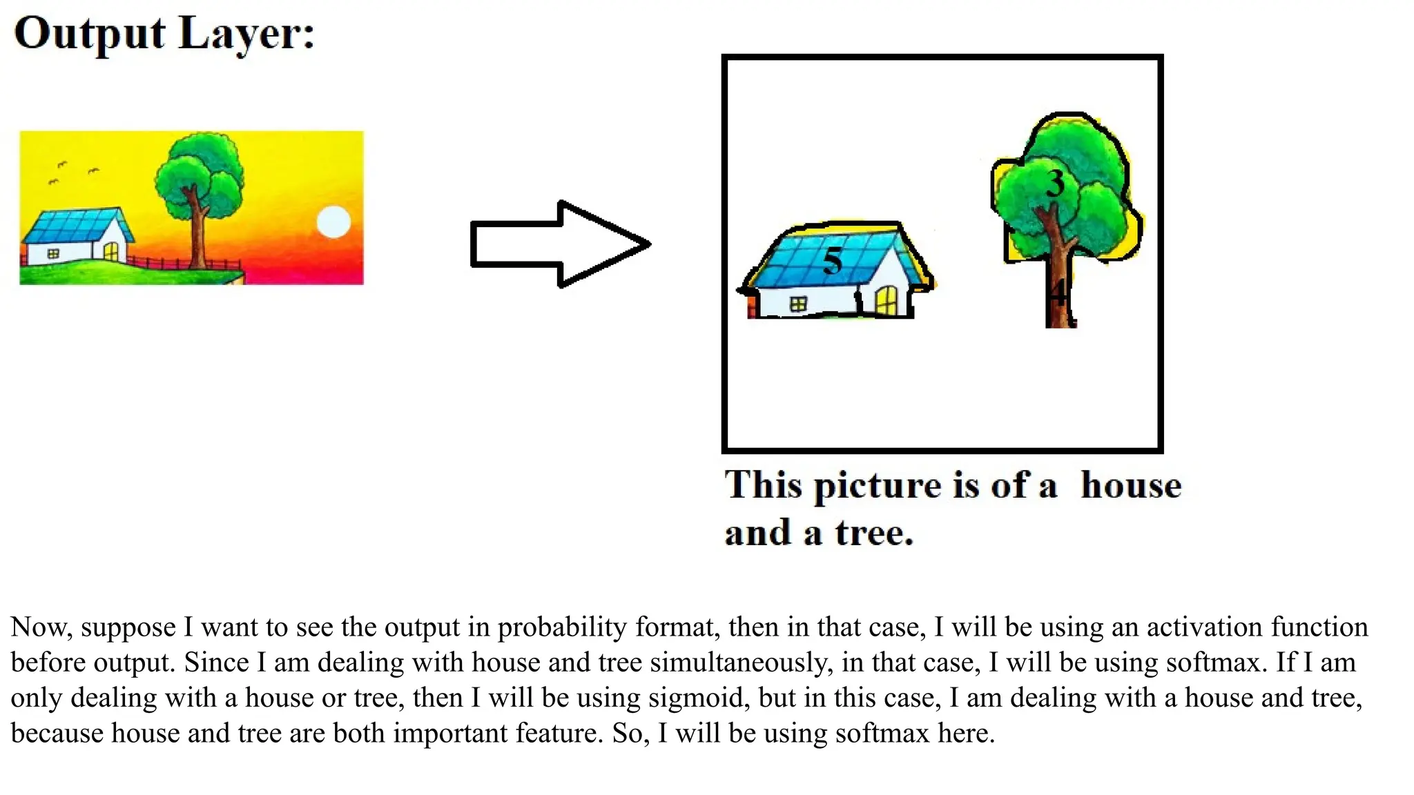 Now, suppose I want to see the output in probability format, then in that case, I will be using an activation function
before output. Since I am dealing with house and tree simultaneously, in that case, I will be using softmax. If I am
only dealing with a house or tree, then I will be using sigmoid, but in this case, I am dealing with a house and tree,
because house and tree are both important feature. So, I will be using softmax here.
 