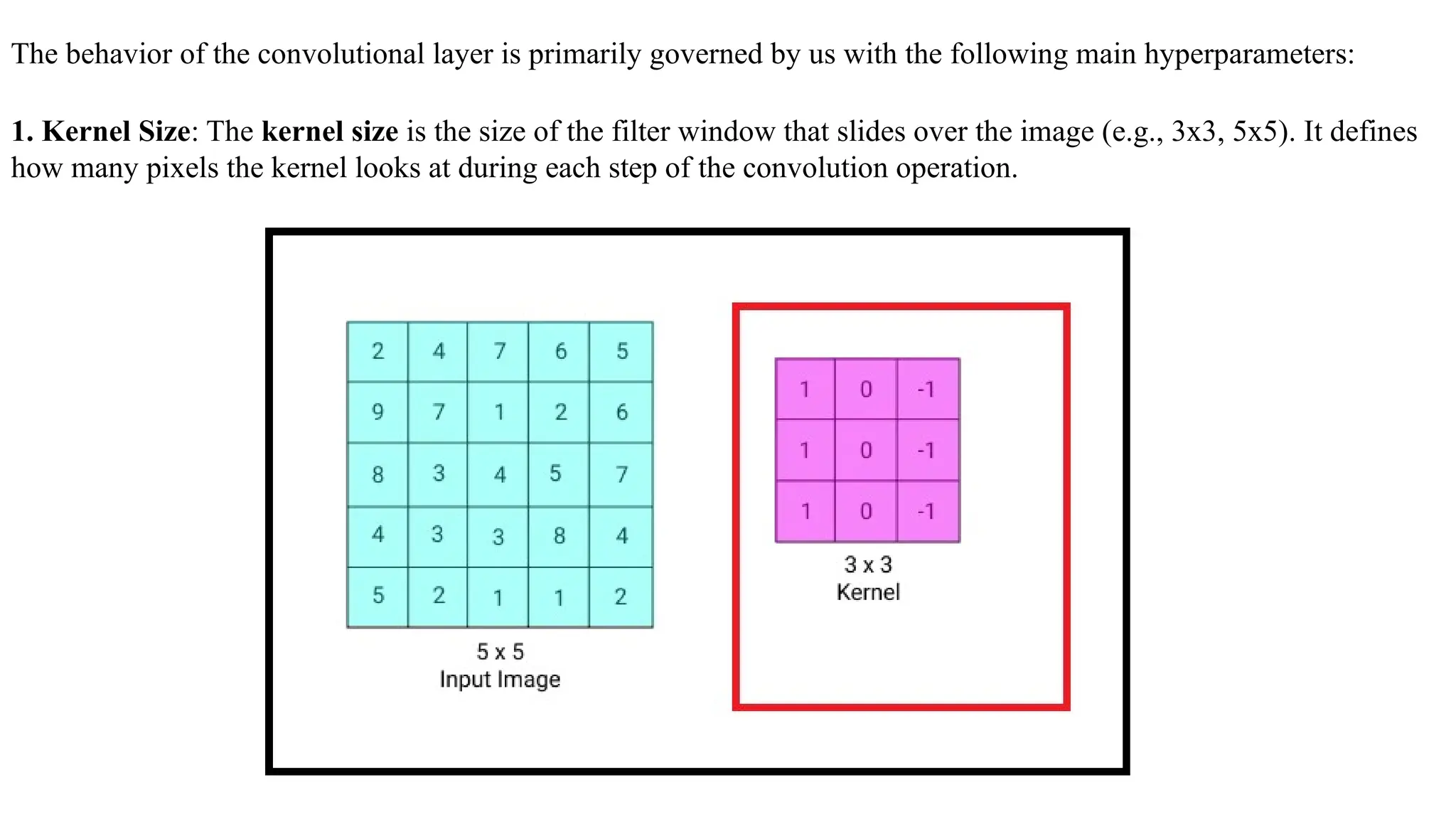 The behavior of the convolutional layer is primarily governed by us with the following main hyperparameters:
1. Kernel Size: The kernel size is the size of the filter window that slides over the image (e.g., 3x3, 5x5). It defines
how many pixels the kernel looks at during each step of the convolution operation.
 