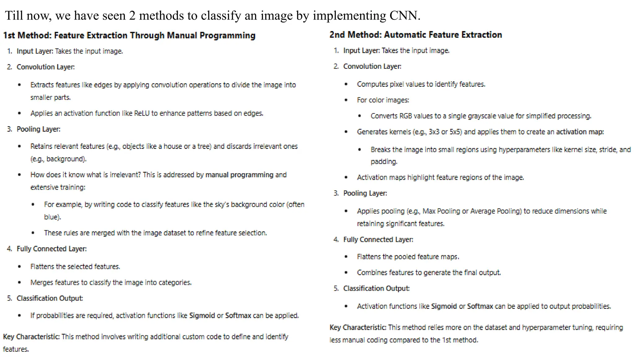 Till now, we have seen 2 methods to classify an image by implementing CNN.
 