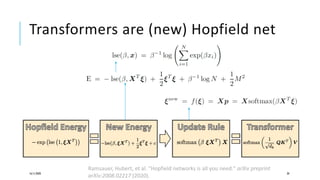 Transformers are (new) Hopfield net
16/11/2020 20
Ramsauer, Hubert, et al. "Hopfield networks is all you need." arXiv preprint
arXiv:2008.02217 (2020).
 