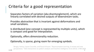 Criteria for a good representation
Separates factors of variation (aka disentanglement), which are
linearly correlated with desired outputs of downstream tasks.
Provides abstraction that is invariant against deformations and
small variations.
Is distributed (one concept is represented by multiple units), which
is compact and good for interpolation.
Optionally, offers dimensionality reduction.
Optionally, is sparse, giving room for emerging symbols.
16/11/2020 45
Bengio, Yoshua, Aaron Courville, and Pascal Vincent. "Representation learning: A review and new
perspectives." IEEE transactions on pattern analysis and machine intelligence 35.8 (2013): 1798-1828.
 