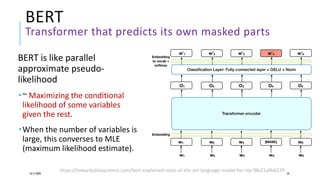 BERT
Transformer that predicts its own masked parts
BERT is like parallel
approximate pseudo-
likelihood
~ Maximizing the conditional
likelihood of some variables
given the rest.
When the number of variables is
large, this converses to MLE
(maximum likelihood estimate).
16/11/2020 54
https://towardsdatascience.com/bert-explained-state-of-the-art-language-model-for-nlp-f8b21a9b6270
 