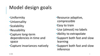 Model design goals
Resource adaptive,
compressible
Easy to train
Use (almost) no labels
Ability to extrapolate
Support both fast and slow
learning
Support both fast and slow
inference
16/11/2020 6
Uniformity
Universality
Scalability
Reusability
Capture long-term
dependencies in time and
space
Capture invariances natively
 