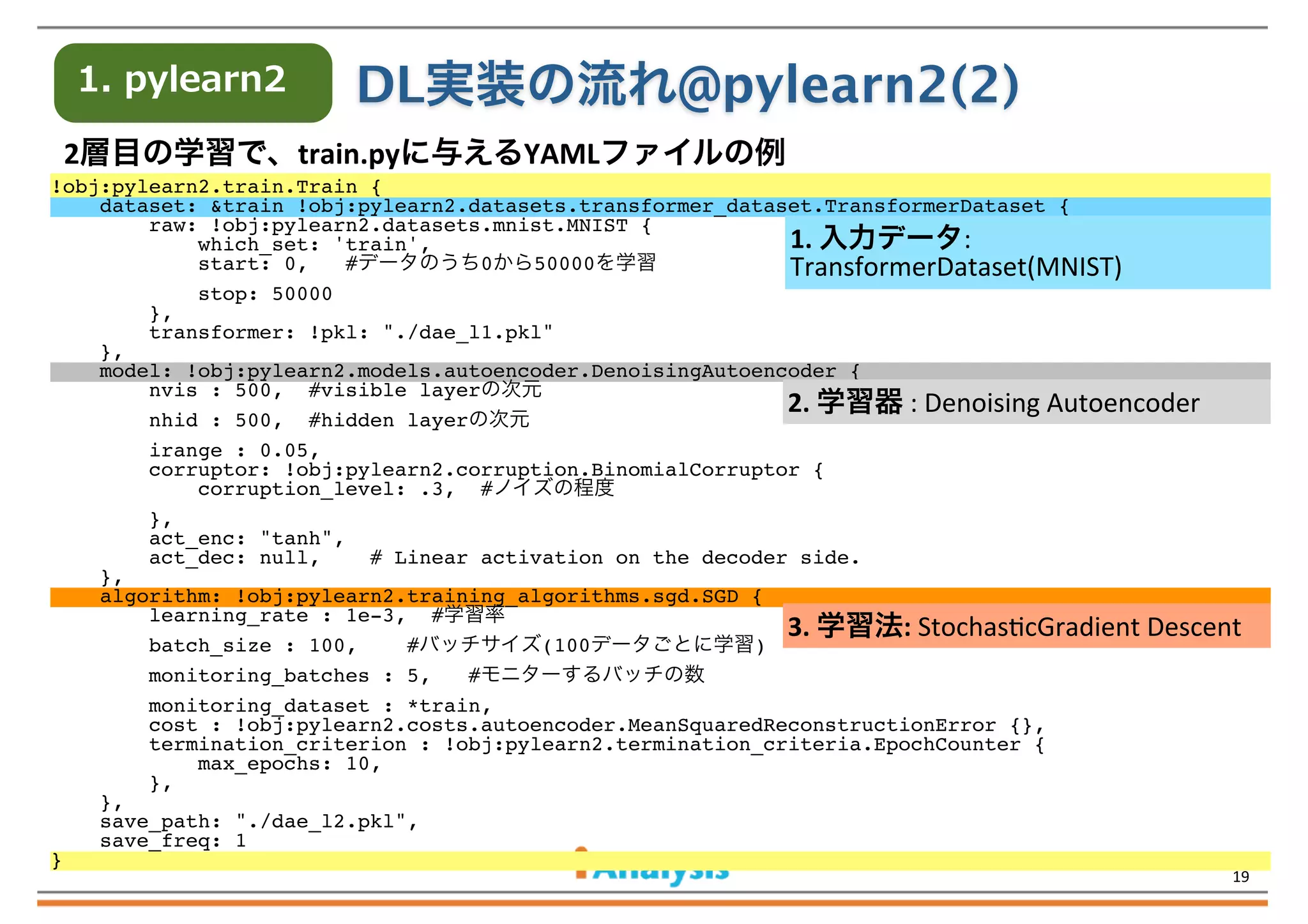 1.  pylearn2

DL実装の流れ@pylearn2(2)

2層目の学習で、train.pyに与えるYAMLファイルの例
!obj:pylearn2.train.Train {
dataset: &train !obj:pylearn2.datasets.transformer_dataset.TransformerDataset {
raw: !obj:pylearn2.datasets.mnist.MNIST {
1.	
  入力データ:	
  
which_set: 'train',
start: 0,
#データのうち0から50000を学習
TransformerDataset(MNIST)
stop: 50000
},
transformer: !pkl: "./dae_l1.pkl"
},
model: !obj:pylearn2.models.autoencoder.DenoisingAutoencoder {
nvis : 500, #visible layerの次元
2.	
  学習器	
  :	
  Denoising	
  Autoencoder
nhid : 500, #hidden layerの次元
irange : 0.05,
corruptor: !obj:pylearn2.corruption.BinomialCorruptor {
corruption_level: .3, #ノイズの程度
},
act_enc: "tanh",
act_dec: null,
# Linear activation on the decoder side.
},
algorithm: !obj:pylearn2.training_algorithms.sgd.SGD {
learning_rate : 1e-3, #学習率
3.	
  学習法:	
  StochasQcGradient	
  Descent
batch_size : 100,
#バッチサイズ(100データごとに学習)
monitoring_batches : 5,
#モニターするバッチの数
monitoring_dataset : *train,
cost : !obj:pylearn2.costs.autoencoder.MeanSquaredReconstructionError {},
termination_criterion : !obj:pylearn2.termination_criteria.EpochCounter {
max_epochs: 10,
},
},
save_path: "./dae_l2.pkl",
save_freq: 1
}

19

 