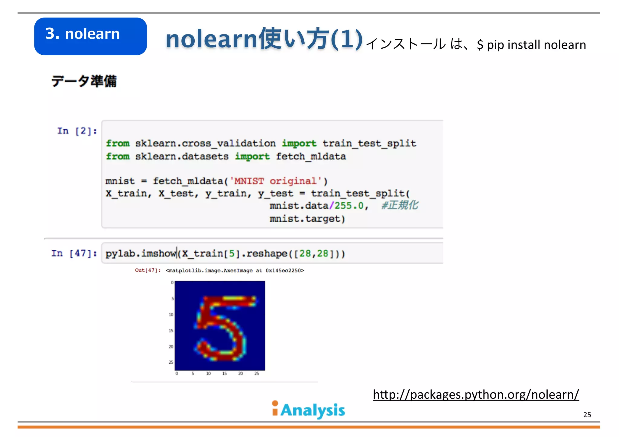 3.  nolearn

nolearn使い方(1) インストール	
  は、$	
  pip	
  install	
  nolearn

h'p://packages.python.org/nolearn/
25

 