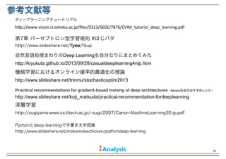 参考文献等
ディープラーニングチュートリアル

h$p://www.vision.is.tohoku.ac.jp/ﬁles/9313/6601/7876/CVIM_tutorial_deep_learning.pdf

第7章 パーセプトロン型...