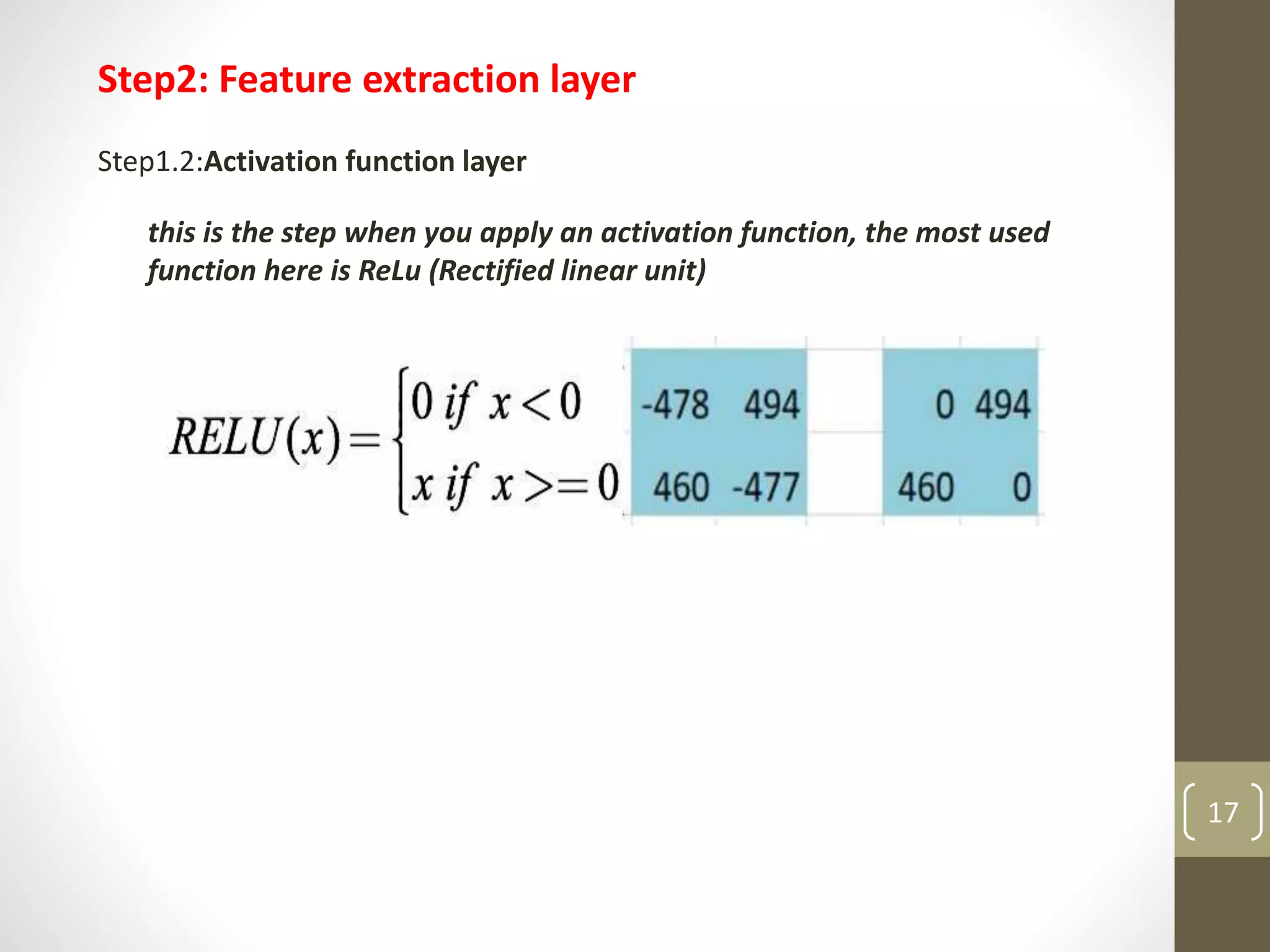 Step2: Feature extraction layer
Step1.2:Activation function layer
this is the step when you apply an activation function, the most used
function here is ReLu (Rectified linear unit)
17
 