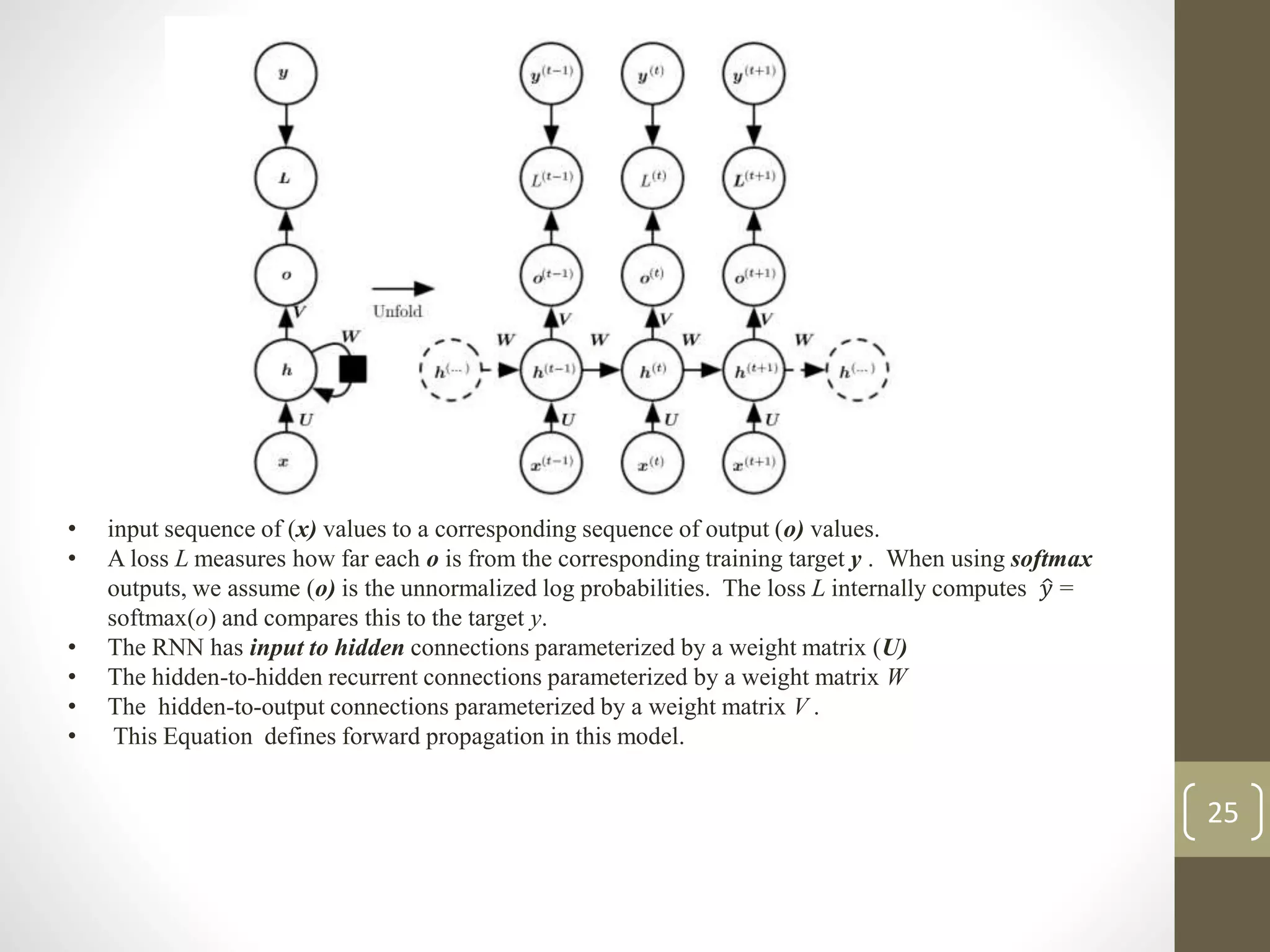 • input sequence of (x) values to a corresponding sequence of output (o) values.
• A loss L measures how far each o is from the corresponding training target y . When using softmax
outputs, we assume (o) is the unnormalized log probabilities. The loss L internally computes 𝑦 =
softmax(o) and compares this to the target y.
• The RNN has input to hidden connections parameterized by a weight matrix (U)
• The hidden-to-hidden recurrent connections parameterized by a weight matrix W
• The hidden-to-output connections parameterized by a weight matrix V .
• This Equation defines forward propagation in this model.
25
 