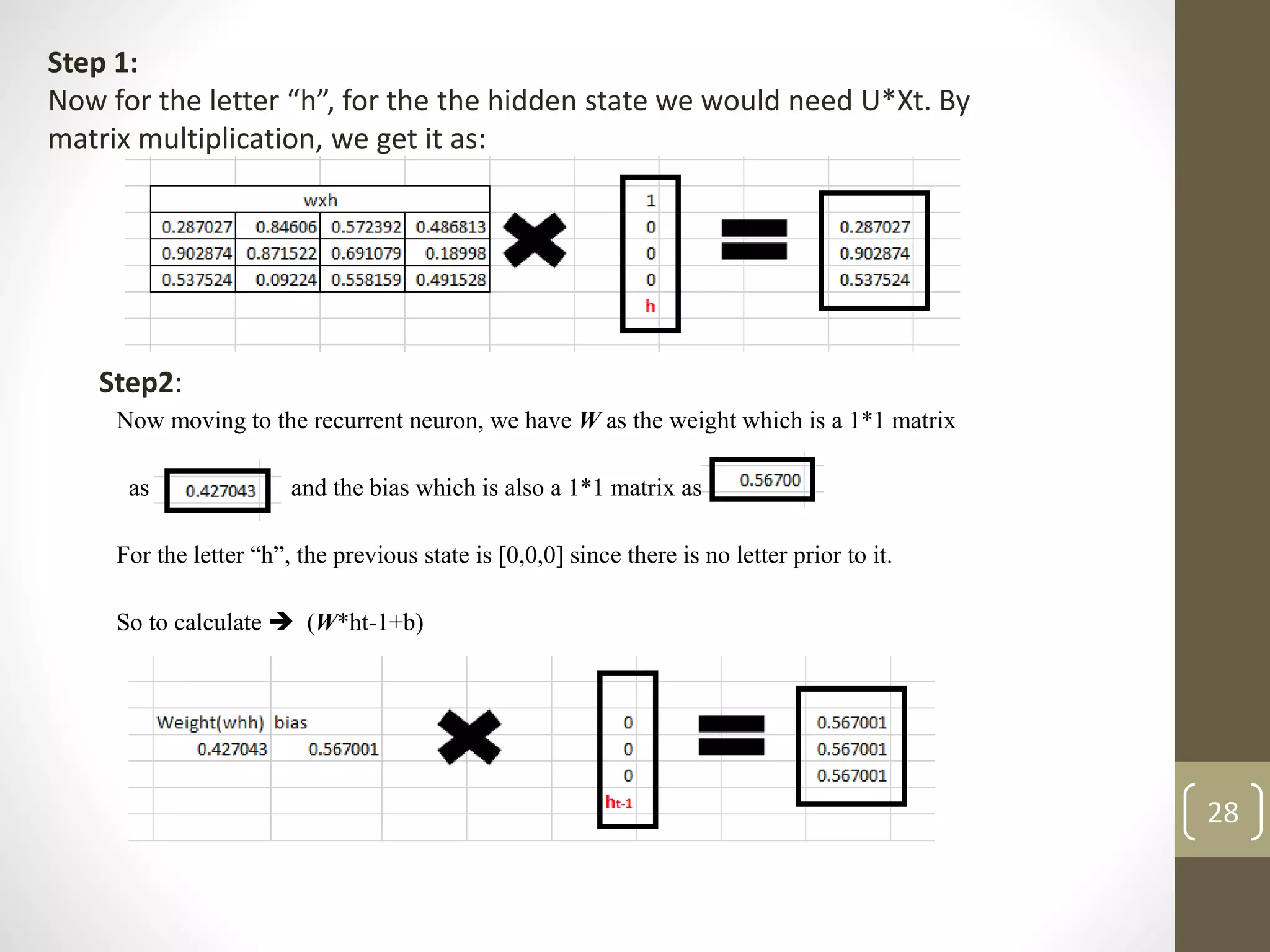 Step 1:
Now for the letter “h”, for the the hidden state we would need U*Xt. By
matrix multiplication, we get it as:
Now moving to the recurrent neuron, we have W as the weight which is a 1*1 matrix
as and the bias which is also a 1*1 matrix as
For the letter “h”, the previous state is [0,0,0] since there is no letter prior to it.
So to calculate  (W*ht-1+b)
Step2:
28
 