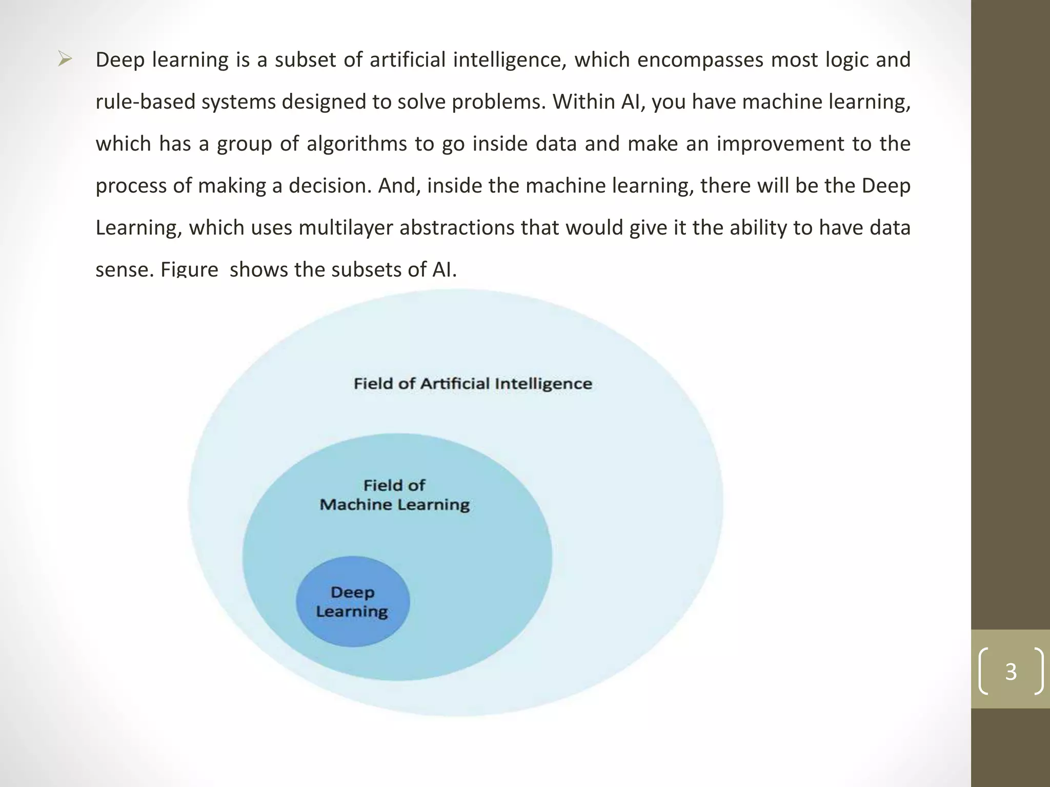  Deep learning is a subset of artificial intelligence, which encompasses most logic and
rule-based systems designed to solve problems. Within AI, you have machine learning,
which has a group of algorithms to go inside data and make an improvement to the
process of making a decision. And, inside the machine learning, there will be the Deep
Learning, which uses multilayer abstractions that would give it the ability to have data
sense. Figure shows the subsets of AI.
3
 