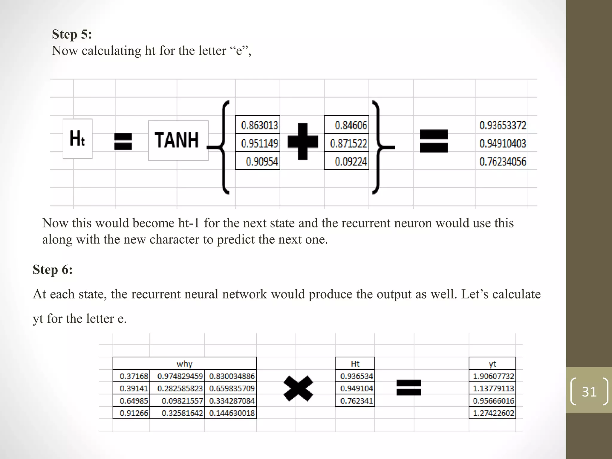 Step 5:
Now calculating ht for the letter “e”,
Now this would become ht-1 for the next state and the recurrent neuron would use this
along with the new character to predict the next one.
Step 6:
At each state, the recurrent neural network would produce the output as well. Let’s calculate
yt for the letter e.
31
 