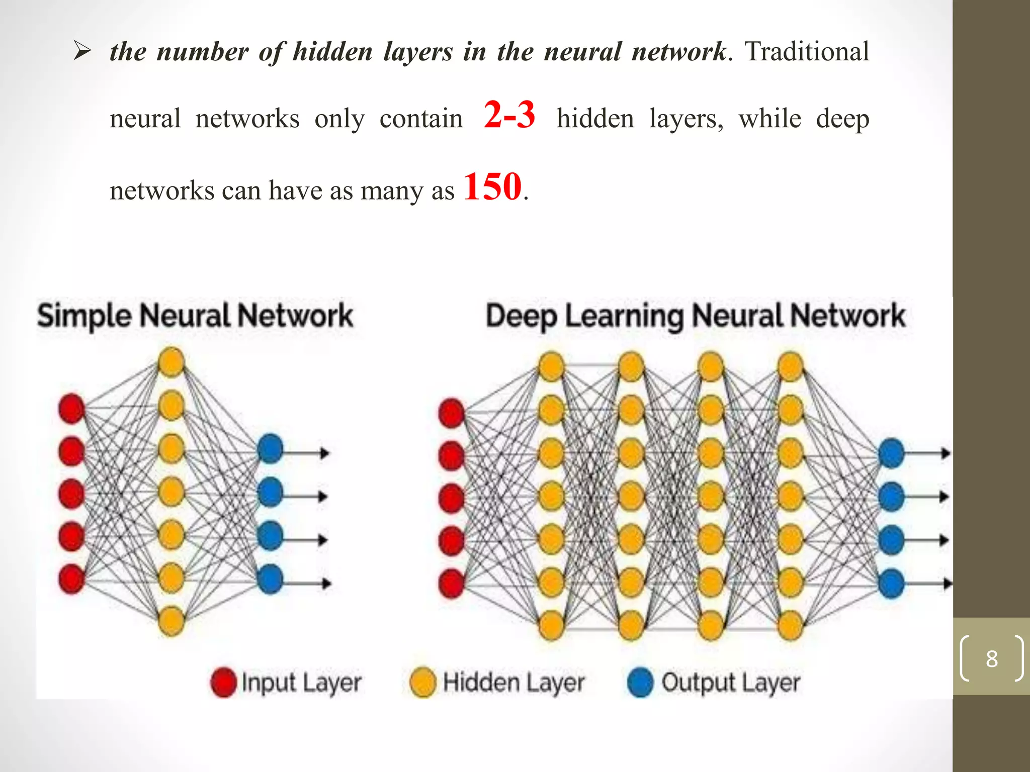  the number of hidden layers in the neural network. Traditional
neural networks only contain 2-3 hidden layers, while deep
networks can have as many as 150.
8
 