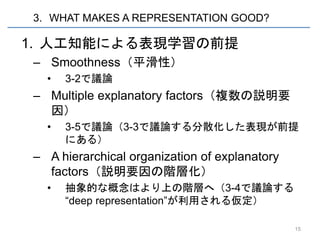 3. WHAT MAKES A REPRESENTATION GOOD?

1. 人工知能による表現学習の前提
– Smoothness（平滑性）
  •   3-2で議論
– Multiple explanatory factors（複数の説明要
  因）
  •   3-5で議論（3-3で議論する分散化した表現が前提
      にある）
– A hierarchical organization of explanatory
  factors（説明要因の階層化）
  •   抽象的な概念はより上の階層へ（3-4で議論する
      “deep representation”が利用される仮定）

                                               15
 