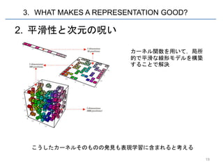 3. WHAT MAKES A REPRESENTATION GOOD?

2. 平滑性と次元の呪い
                       カーネル関数を用いて，局所
                       的で平滑な線形モデルを構築
                       することで解決




 こうしたカーネルそのものの発見も表現学習に含まれると考える

                                       19
 