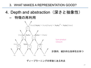 3. WHAT MAKES A REPRESENTATION GOOD?

4. Depth and abstraction（深さと抽象性）
 – 特徴の再利用




                       計算的，統計的な効率性を持つ



          ディープラーニングの背後にある利点
                                        21
 