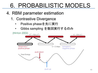 6. PROBABILISTIC MODELS
4. RBM parameter estimation
  1. Contrastive Divergence
    •   Positive phaseを先に実行
    •   Gibbs sampling を数回実行するのみ




                                   40
 