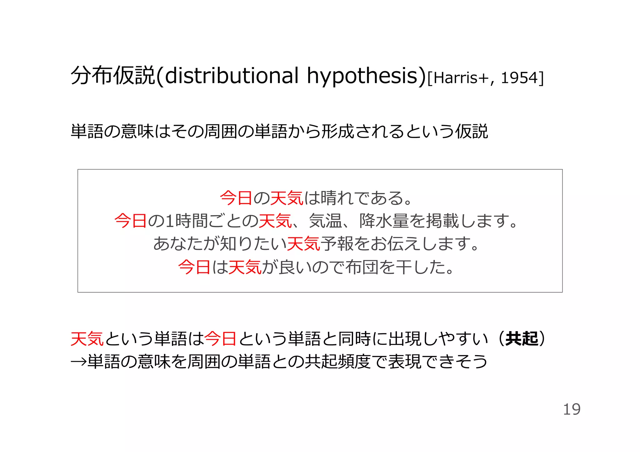 分布仮説(distributional hypothesis)[Harris+, 1954]
単語の意味はその周囲の単語から形成されるという仮説
天気という単語は今⽇という単語と同時に出現しやすい（共起）
→単語の意味を周囲の単語との共起頻度で表現できそう
19
今⽇の天気は晴れである。
今⽇の1時間ごとの天気、気温、降⽔量を掲載します。
あなたが知りたい天気予報をお伝えします。
今⽇は天気が良いので布団を⼲した。
 