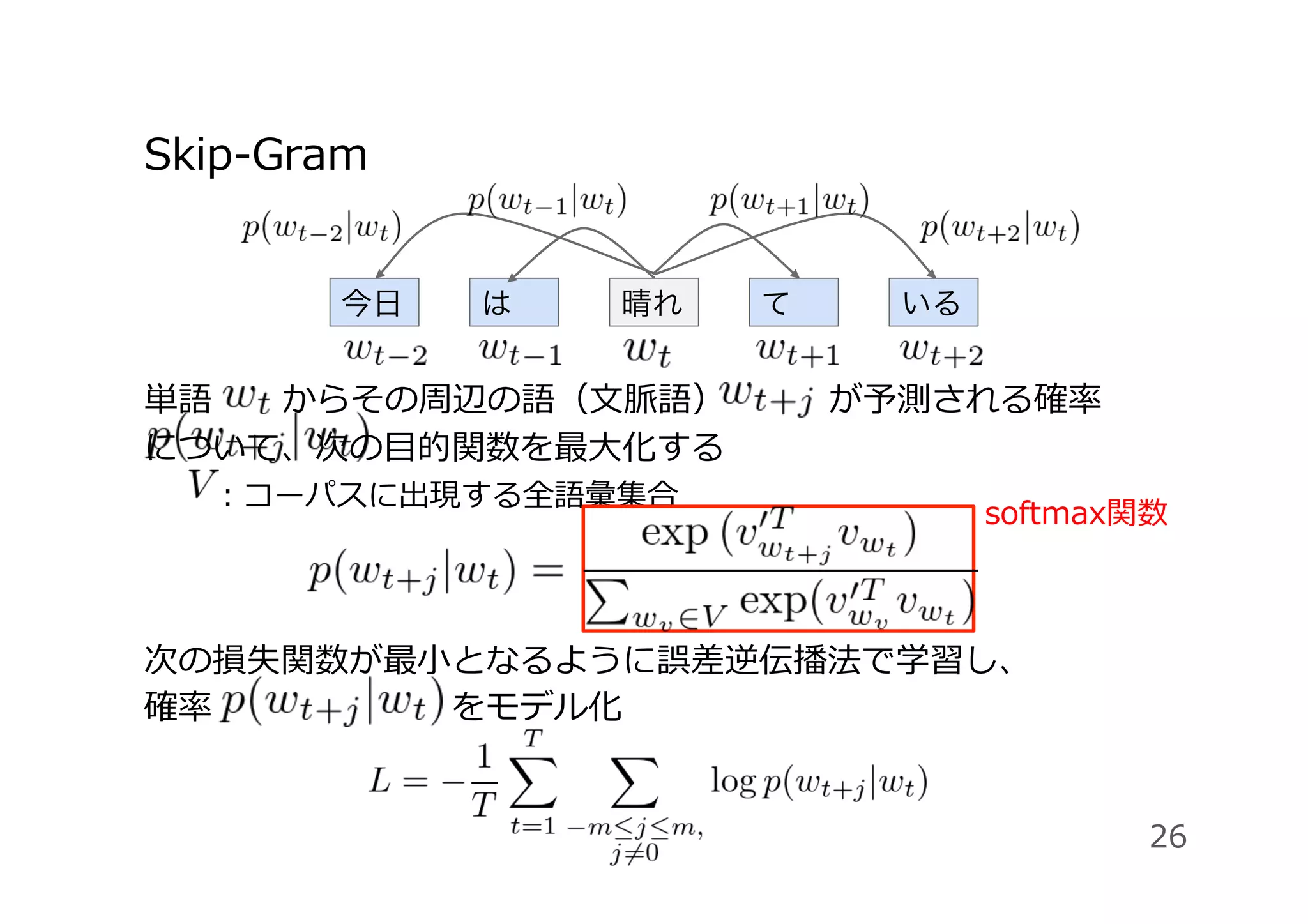 Skip-Gram
単語 からその周辺の語（⽂脈語）   が予測される確率       
について、次の⽬的関数を最⼤化する
  ：コーパスに出現する全語彙集合
次の損失関数が最⼩となるように誤差逆伝播法で学習し、
確率       をモデル化
      
今日 は 晴れ て いる
softmax関数
26
 