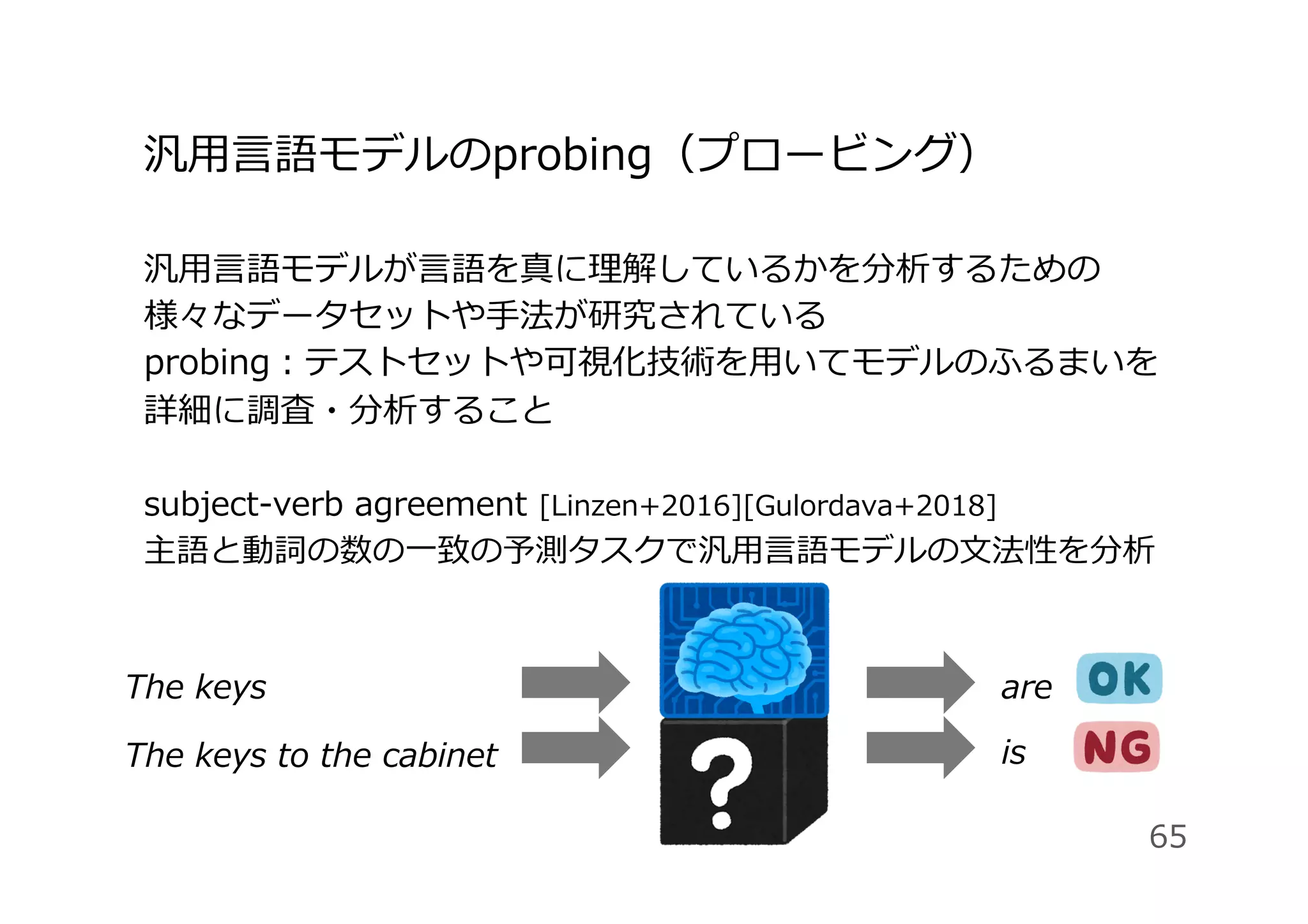 汎⽤⾔語モデルのprobing（プロービング）
汎⽤⾔語モデルが⾔語を真に理解しているかを分析するための
様々なデータセットや⼿法が研究されている
probing：テストセットや可視化技術を⽤いてモデルのふるまいを
詳細に調査・分析すること
subject-verb agreement [Linzen+2016][Gulordava+2018]
主語と動詞の数の⼀致の予測タスクで汎⽤⾔語モデルの⽂法性を分析
are
The keys
The keys to the cabinet is
65
 