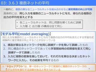 ⼀一般的に、複数の異異なるニューラルネットを組み合わせると推定精度度の向上が可能
具体的には、同じ⼊入⼒力力を複数のニューラルネットに与え、得られる複数の
出⼒力力の平均を答えとする
03:  3.6.3  複数ネットの平均  
•  各ニューラルネットは、同じ問題を解くために訓練
•  ⼊入⼒力力層  と  出⼒力力層  の構成は全て同じ
【モデル平均(model  averaging)】
同じ⼊入⼒力力を複数のニューラルネットに与えて複数の出⼒力力の平均を答えとする学習⽅方式
1.  構造が異異なるネットワークを同じ訓練データを⽤用いて訓練したもの
2.  同じ構造のネットワークであっても学習開始時の初期値を変えて同じ
訓練データで訓練したもの
3.  ⼊入⼒力力に複数の変換を施しておいて、それぞれを異異なる決まったネット
ワークに⼊入⼒力力し、その結果を平均するもの
経験的に推定精度度が向上することが分かっている
※  “ドロップアウト”は、単⼀一のネットワークで実質的に複数のネットワークの
 　  モデル平均を実⾏行行する効果があると考えられている
 
