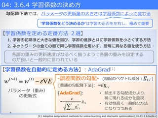 [1]:  Adaptive  subgradient  methods  for  online  learning  and  stochastic  optimization  [JMLRʼ’11  J.Duchi+]
w(t+1)
= w(t)
−ε∇E -‐‑‒誤差関数の勾配-‐‑‒
パラメータ（重み）
の更更新式
[AdaGrad]:  
(勾配のベクトル成分：            )
−εgt,i
−
ε
gt',t
2
t'=1
t
∑
gt,i
gt,i
•  頻出する勾配成分より、
稀に現れる成分を重視
•  有効性⾼高く⼀一般的な⽅方法
になりつつある
[普通の勾配降降下法]:  
【学習係数を定める定番⽅方法  ２選】
1.  学習の初期ほど⼤大きな値を選び、学習の進捗と共に学習係数を⼩小さくする⽅方法
2.  ネットワークの全ての層で同じ学習係数を⽤用いず、層毎に異異なる値を使う⽅方法
各層の重みの更更新速度度がなるべく揃うように各層の重みを設定する
のが良良いと⼀一般的に⾔言われている
04:  3.6.4  学習係数の決め⽅方    
勾配降降下法では、パラメータの更更新量量の⼤大きさは学習係数によって変わる
ʻ‘学習係数をどう決めるかʼ’は学習の正否を左右し、極めて重要
【学習係数を⾃自動的に定める⽅方法】:  AdaGrad[1]
 