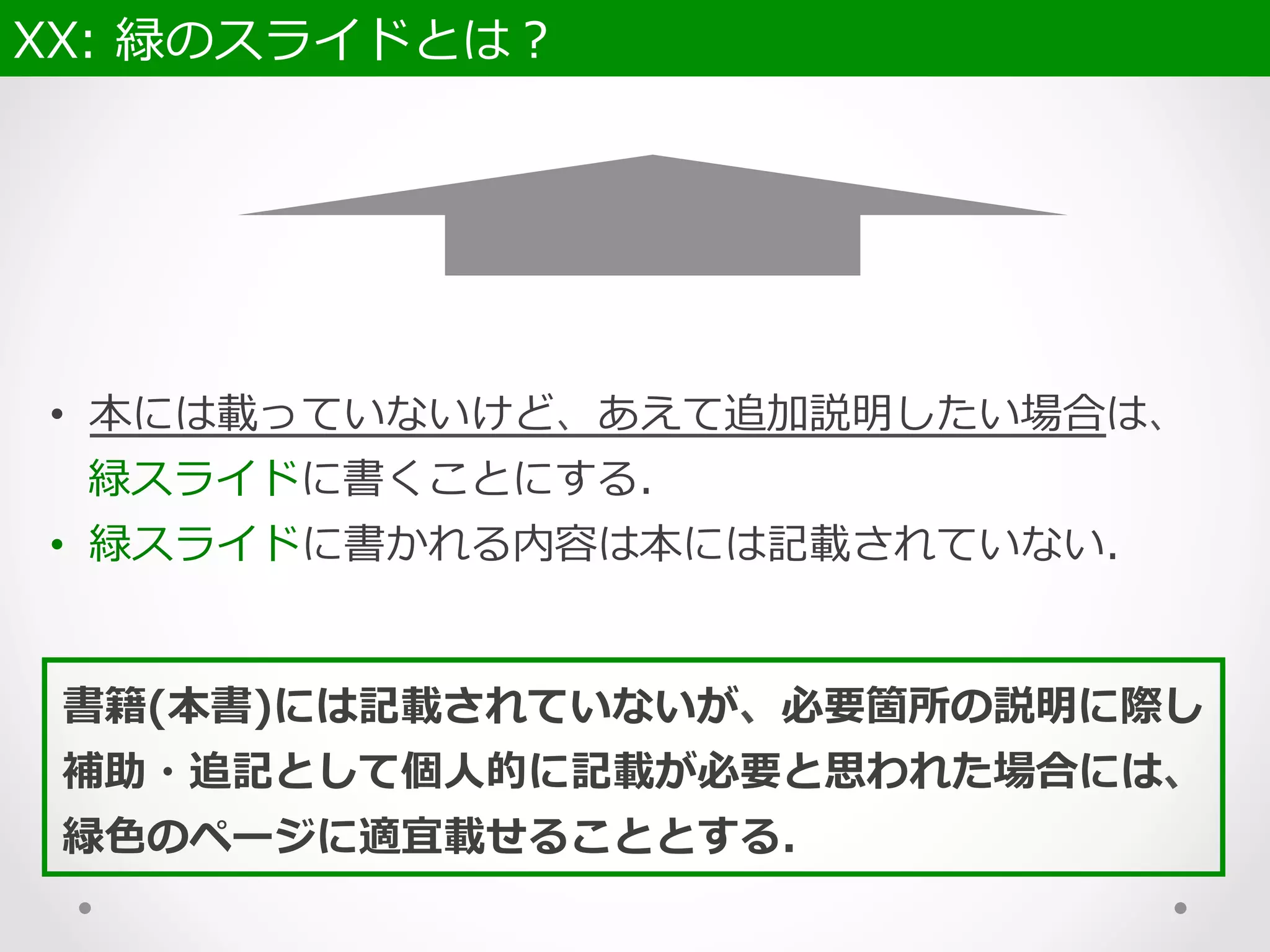 XX:  緑のスライドとは？  
書籍(本書)には記載されていないが、必要箇所の説明に際し
補助・追記として個⼈人的に記載が必要と思われた場合には、
緑⾊色のページに適宜載せることとする.
•  本には載っていないけど、あえて追加説明したい場合は、
緑スライドに書くことにする.
•  緑スライドに書かれる内容は本には記載されていない.
 