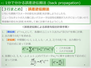 1.  【順伝搬】z(1)=xnとして、各層lのユニット⼊入出⼒力力u(l)及びz(l)を順に計算.
2.  出⼒力力層でのδj
(L)を求める.
3.  【逆伝搬】中間層l(=L-‐‑‒1,  L-‐‑‒2,  L-‐‑‒3,…,4  ,3,  2)でのδj
(L)を、出⼒力力側から
            下記の式に従って計算.
4.  各層l(=2,  3,  4,…,L-‐‑‒2  ,L-‐‑‒1  ,L)のパラメータwji
(l)に関する微分を下記の式に
 　  従って計算.
δj
(l)
= δk
(l+1)
wkj
(l+1)
!f (uj
(l)
)( )
k
∑
∂En
∂wji
(l)
=δj
(l)
zi
(l−1)
＜誤差逆伝搬による誤差勾配の計算⼿手順＞
•  これを伝搬
•  ⼊入れ⼦子を回避
δj
(l)
≡
∂En
∂uj
(l)
#
$
%%
&
'
((
-‐‑‒:  1分で分かる誤差逆伝搬法  (back  propagation)  
【３⾏行行まとめ】：誤差逆伝搬法
いちいち更更新パラメータの変化分(誤差)を計算しようとしたら、
ニューラルネットの⼊入⼒力力層に近いパラメータは活性化関数が⼊入れ⼦子になって怠いので、
隣隣接層の変化分(誤差)を利利⽤用して楽に計算できるようにした
 