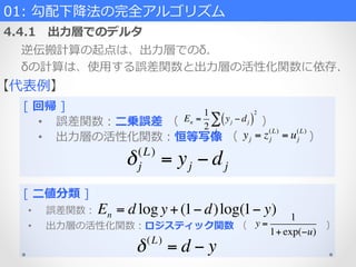01:  勾配下降降法の完全アルゴリズム  
4.4.1 　出⼒力力層でのデルタ
逆伝搬計算の起点は、出⼒力力層でのδ.  
δの計算は、使⽤用する誤差関数と出⼒力力層の活性化関数に依存.
【代表例例】
[  回帰  ]
[  ⼆二値分類  ]
•  誤差関数：⼆二乗誤差  （ 　 　 　 　 　 　 　）
•  出⼒力力層の活性化関数：恒等写像  （ 　 　 　 　 　 　）
En =
1
2
yj − dj( )
j
∑
2
yj = zj
(L)
= uj
(L)
δj
(L)
= yj − dj
•  誤差関数：
•  出⼒力力層の活性化関数：ロジスティック関数  （ 　 　 　 　 　 　 　 　）
En = d log y +(1− d)log(1− y)
y =
1
1+exp(−u)
δ(L)
= d − y
 