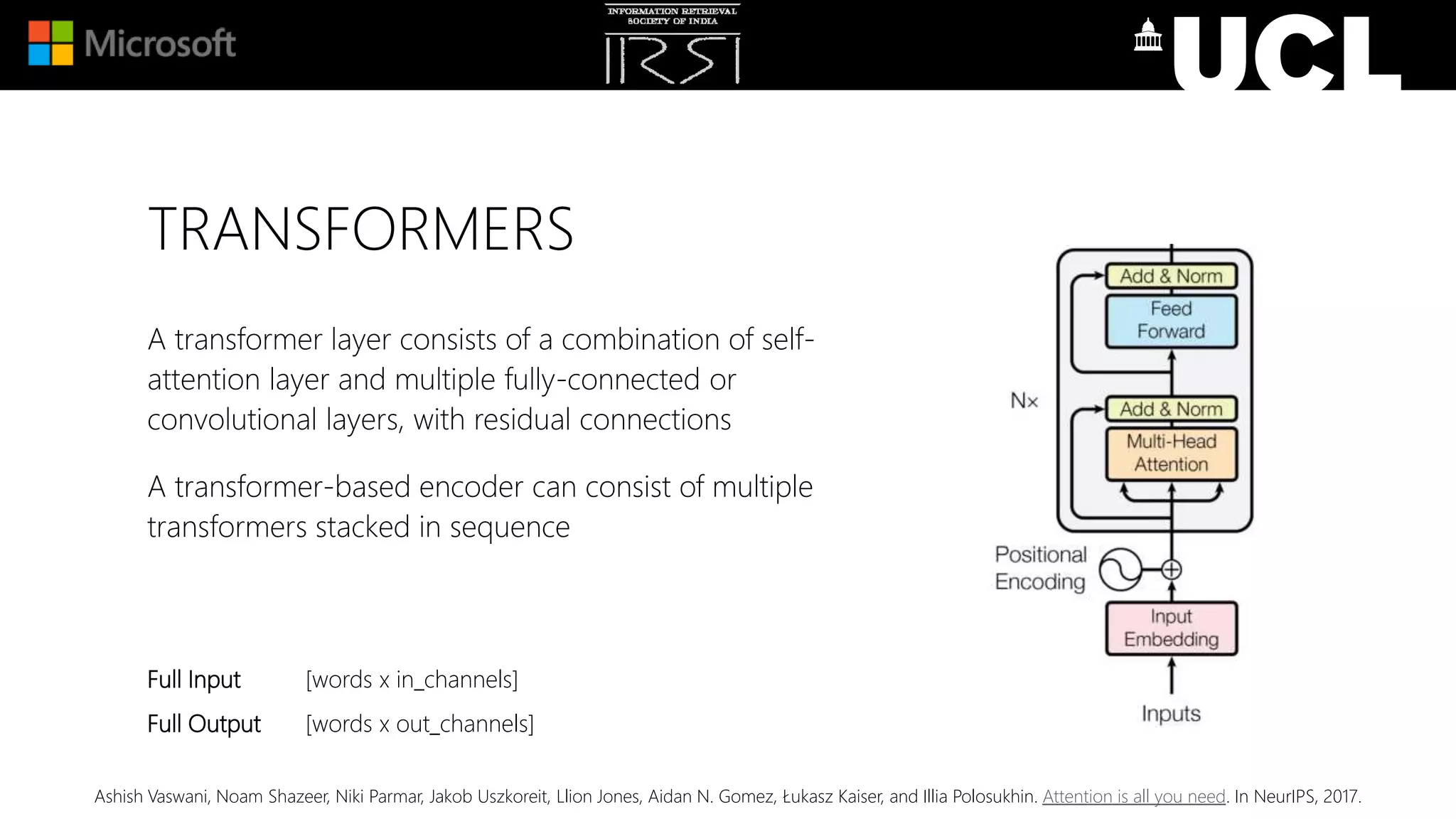 TRANSFORMERS
A transformer layer consists of a combination of self-
attention layer and multiple fully-connected or
convolutional layers, with residual connections
A transformer-based encoder can consist of multiple
transformers stacked in sequence
Full Input [words x in_channels]
Full Output [words x out_channels]
Ashish Vaswani, Noam Shazeer, Niki Parmar, Jakob Uszkoreit, Llion Jones, Aidan N. Gomez, Łukasz Kaiser, and Illia Polosukhin. Attention is all you need. In NeurIPS, 2017.
 