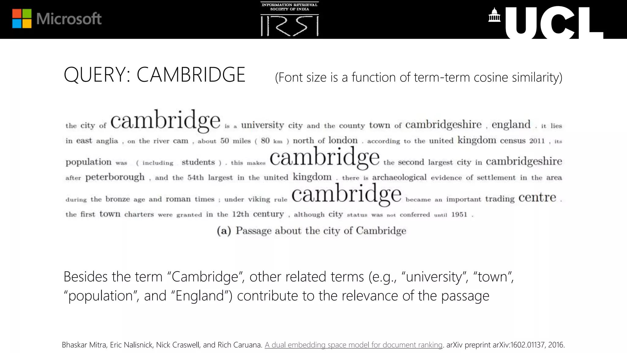 QUERY: CAMBRIDGE (Font size is a function of term-term cosine similarity)
Besides the term “Cambridge”, other related terms (e.g., “university”, “town”,
“population”, and “England”) contribute to the relevance of the passage
Bhaskar Mitra, Eric Nalisnick, Nick Craswell, and Rich Caruana. A dual embedding space model for document ranking. arXiv preprint arXiv:1602.01137, 2016.
 
