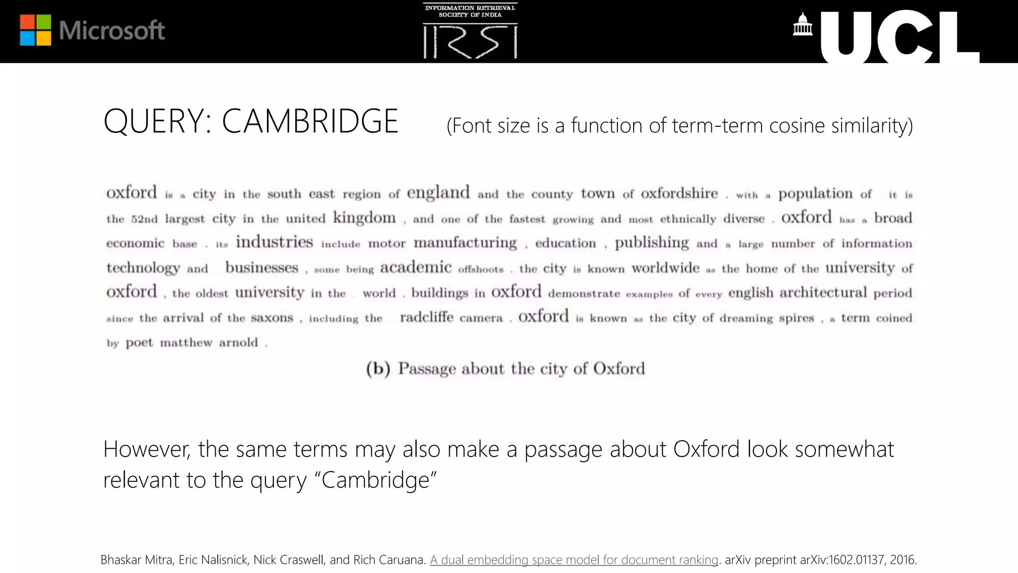 QUERY: CAMBRIDGE (Font size is a function of term-term cosine similarity)
However, the same terms may also make a passage about Oxford look somewhat
relevant to the query “Cambridge”
Bhaskar Mitra, Eric Nalisnick, Nick Craswell, and Rich Caruana. A dual embedding space model for document ranking. arXiv preprint arXiv:1602.01137, 2016.
 