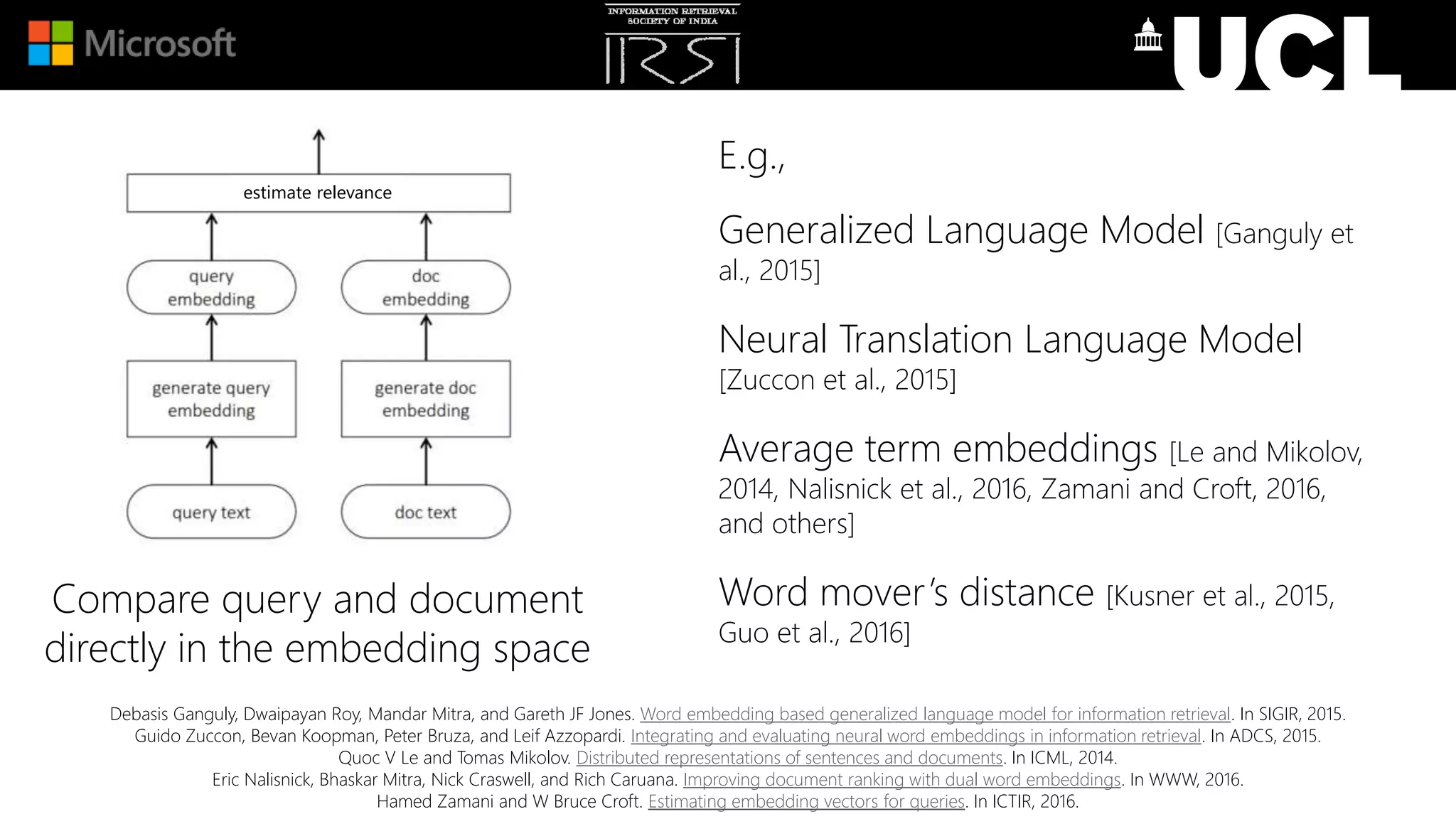E.g.,
Generalized Language Model [Ganguly et
al., 2015]
Neural Translation Language Model
[Zuccon et al., 2015]
Average term embeddings [Le and Mikolov,
2014, Nalisnick et al., 2016, Zamani and Croft, 2016,
and others]
Word mover’s distance [Kusner et al., 2015,
Guo et al., 2016]
Debasis Ganguly, Dwaipayan Roy, Mandar Mitra, and Gareth JF Jones. Word embedding based generalized language model for information retrieval. In SIGIR, 2015.
Guido Zuccon, Bevan Koopman, Peter Bruza, and Leif Azzopardi. Integrating and evaluating neural word embeddings in information retrieval. In ADCS, 2015.
Quoc V Le and Tomas Mikolov. Distributed representations of sentences and documents. In ICML, 2014.
Eric Nalisnick, Bhaskar Mitra, Nick Craswell, and Rich Caruana. Improving document ranking with dual word embeddings. In WWW, 2016.
Hamed Zamani and W Bruce Croft. Estimating embedding vectors for queries. In ICTIR, 2016.
Compare query and document
directly in the embedding space
estimate relevance
 