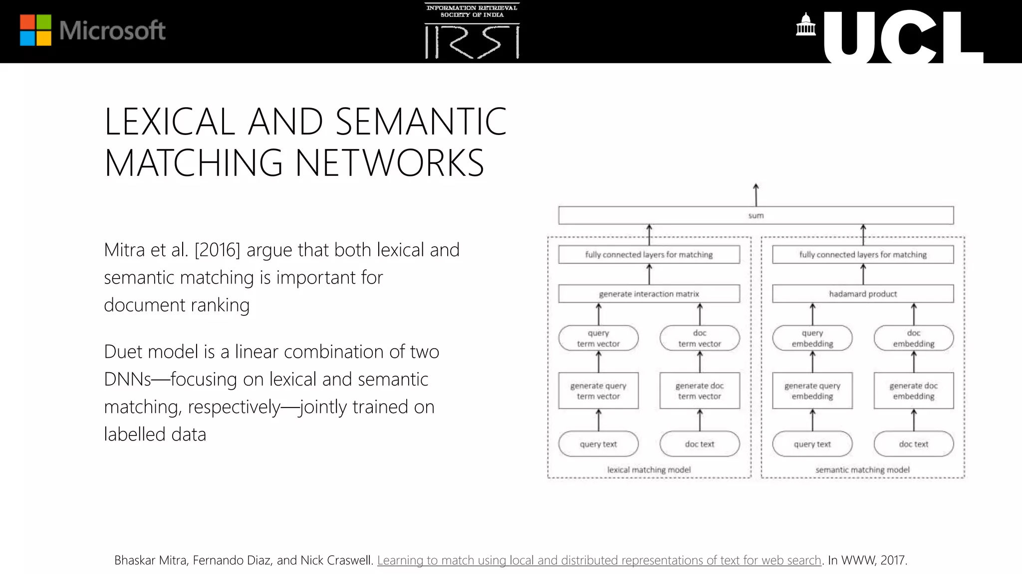 LEXICAL AND SEMANTIC
MATCHING NETWORKS
Mitra et al. [2016] argue that both lexical and
semantic matching is important for
document ranking
Duet model is a linear combination of two
DNNs—focusing on lexical and semantic
matching, respectively—jointly trained on
labelled data
Bhaskar Mitra, Fernando Diaz, and Nick Craswell. Learning to match using local and distributed representations of text for web search. In WWW, 2017.
 