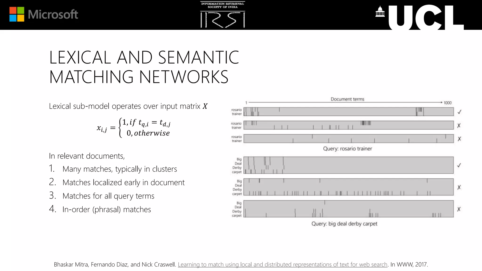 LEXICAL AND SEMANTIC
MATCHING NETWORKS
Lexical sub-model operates over input matrix 𝑋
𝑥𝑖,𝑗 =
1, 𝑖𝑓 𝑡 𝑞,𝑖 = 𝑡 𝑑,𝑗
0, 𝑜𝑡ℎ𝑒𝑟𝑤𝑖𝑠𝑒
In relevant documents,
1. Many matches, typically in clusters
2. Matches localized early in document
3. Matches for all query terms
4. In-order (phrasal) matches
Bhaskar Mitra, Fernando Diaz, and Nick Craswell. Learning to match using local and distributed representations of text for web search. In WWW, 2017.
 