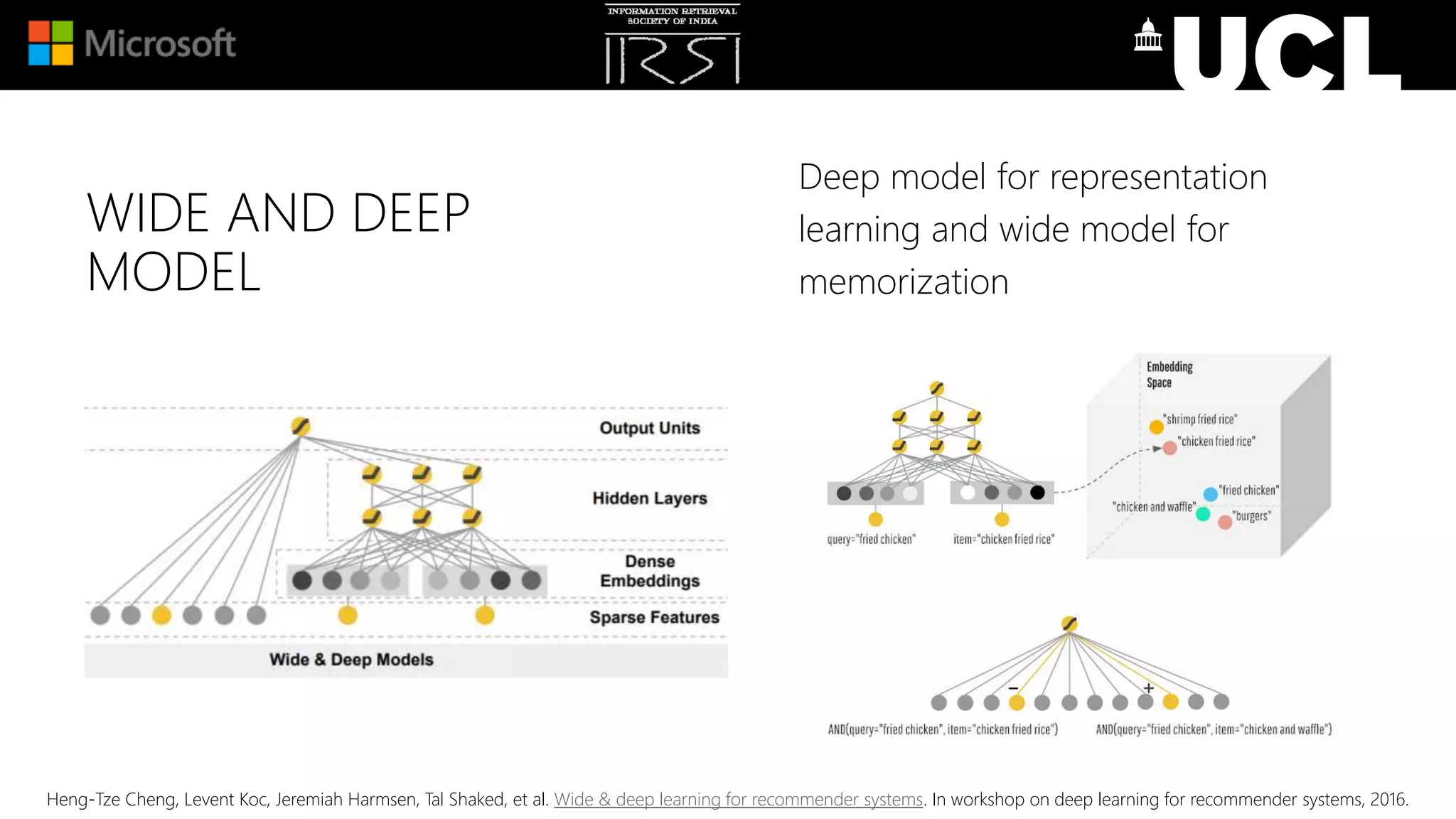 WIDE AND DEEP
MODEL
Deep model for representation
learning and wide model for
memorization
Heng-Tze Cheng, Levent Koc, Jeremiah Harmsen, Tal Shaked, et al. Wide & deep learning for recommender systems. In workshop on deep learning for recommender systems, 2016.
 