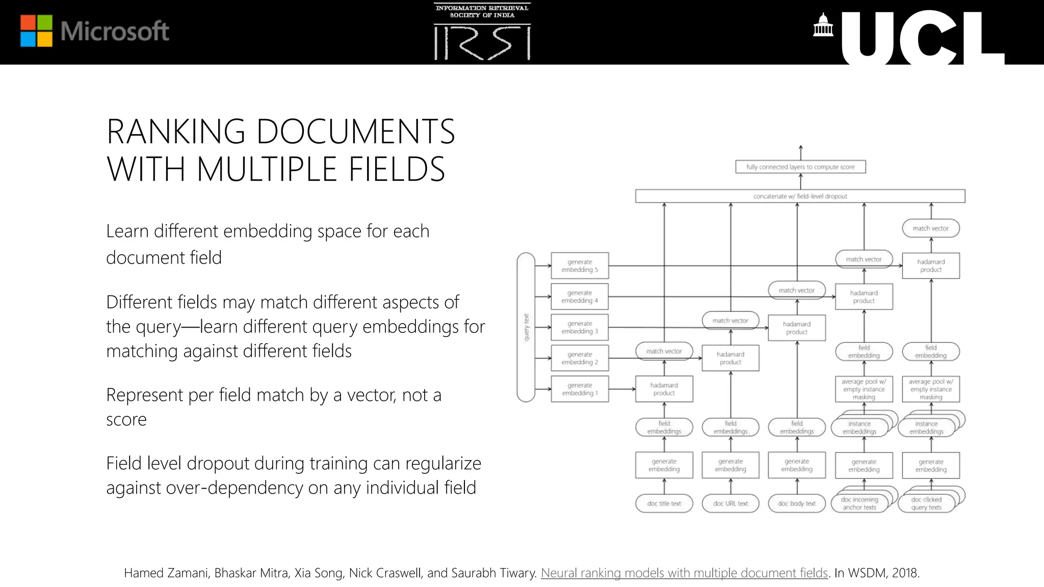 RANKING DOCUMENTS
WITH MULTIPLE FIELDS
Learn different embedding space for each
document field
Different fields may match different aspects of
the query—learn different query embeddings for
matching against different fields
Represent per field match by a vector, not a
score
Field level dropout during training can regularize
against over-dependency on any individual field
Hamed Zamani, Bhaskar Mitra, Xia Song, Nick Craswell, and Saurabh Tiwary. Neural ranking models with multiple document fields. In WSDM, 2018.
 